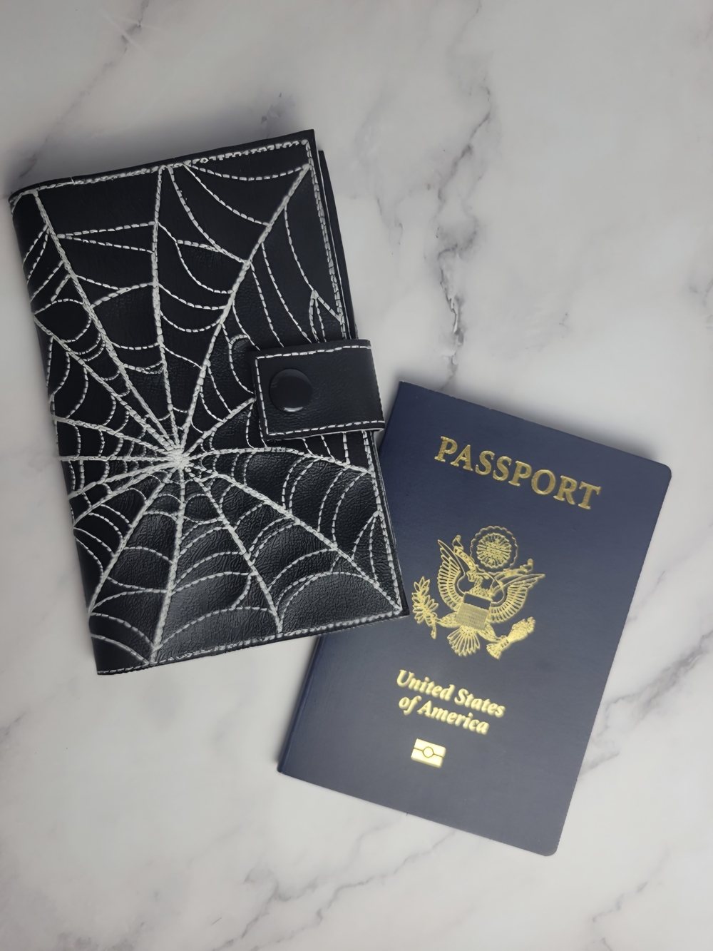 Black Spiderweb Travel Passport Wallet with Snap Closure